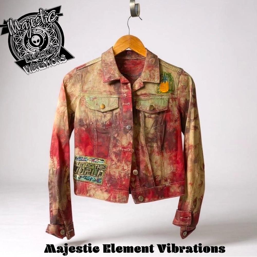 Tale Spin pink Distressed Jean Jacket W/Artistic Design ladies size M